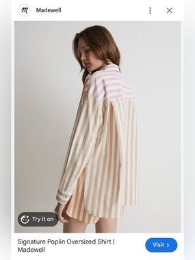 Madewell Signature Poplin Oversized Shirt and shorts in Pink & Cream Stripes